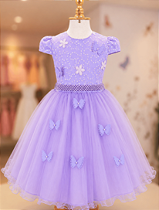 5368L Vestido Infantil Luxo Borboletas Paetê Lilás 1 ao 4
