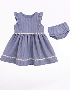 4298 Vestido Bebe Listrado 100% Algodão Azul P ao GG