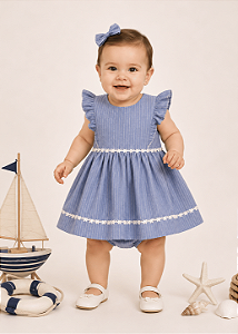 4298 Vestido Bebe Listrado 100% Algodão Azul P ao GG