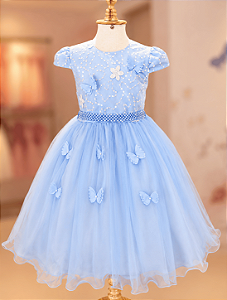 5368AZ Vestido Infantil Luxo Borboletas Paetê Azul 1 ao 4