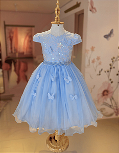 5368AZ Vestido Infantil Luxo Borboletas Paetê Azul 1 ao 4