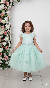 5368VD Vestido Infantil Luxo Borboletas Paetê Verde 1 ao 4