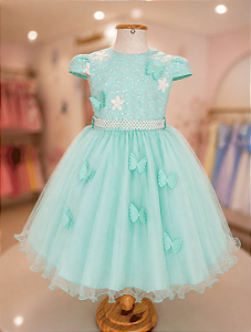 5368VD Vestido Infantil Luxo Borboletas Paetê Verde 1 ao 4