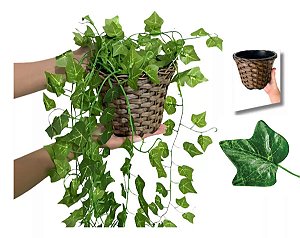 Arranjo C/ 3 Trepadeira + Vaso Trançado Marrom | Arranjo Trepadeira Artificial para Decorações | Plantas para Decoração de Casa, Sala De Estar, Casamento & Escritorio (Folhas de Hera)