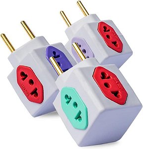 Kit com 03 Adaptadores de Tomada Benjamim Power Cubo com 4 Entradas Multiplicador de Tomadas 10A 20A T - Bivolt 110v 220v