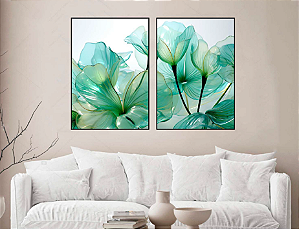 KIT 2 QUADROS DECORATIVOS FLORES VERDES 50X70CM SEM VIDRO