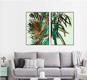 KIT 2 QUADROS DECORATIVOS FLORES VERDES 50X70CM SEM VIDRO