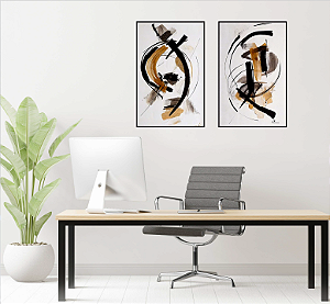 KIT 2 QUADROS DECORATIVO LINHAS E FORMAS ORGÂNICAS ABSTRATAS 70X50CM SEM VIDRO