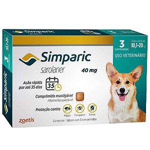Antipulgas Zoetis Simparic 40 Mg Para Cães 10,1 A 20 Kg C/03 Comprimidos