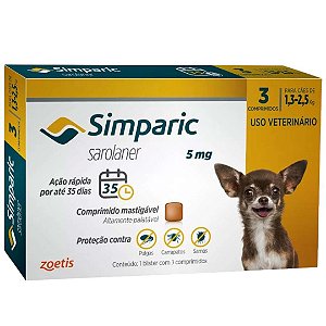 Antipulgas Zoetis Simparic 5 Mg Para Cães 1,3 A 2,5 Kg C/03 Comprimidos
