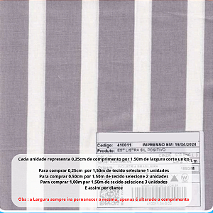 Tecido Tricoline Listrado Cinza 100% algodão pré lavado - 0,25 cm por 1,50 m