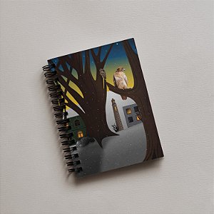 Caderno A5 | Floresta e cidade ao amanhecer com neve, lobos e falcões | Espiral Metálica (Wire-ô) Preto, Branco ou Prata