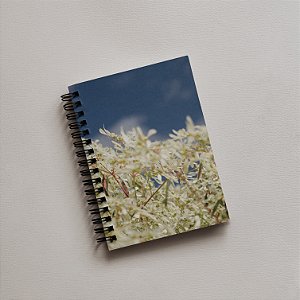 Caderno A5 | Flor Neve da Montanha (Euphorbia Leucocephala) com céu azul_1 | Espiral Metálica (Wire-ô) Preto, Branco ou Prata