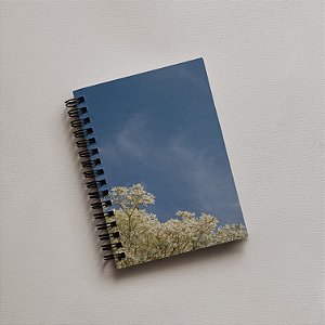 Caderno A5 | Flor Neve da Montanha (Euphorbia Leucocephala) com céu azul_3| Espiral Metálica (Wire-ô) Preto, Branco ou Prata