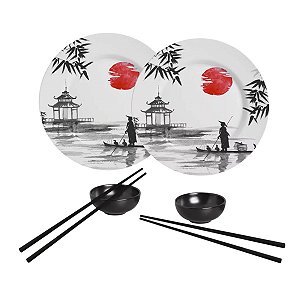 Conjunto Japanese 6 Peças com Molheiras Alleanza Preto E Branco