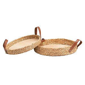 Kit com 2 Bandejas Redonda Fibra Natural com Fundo Madeira e Alça Em Pu 30x5cm e 35x6cm