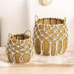 Kit com 2 Cestos Redondo Rattan Sintetico 19X19X21cm/28X28X30cm