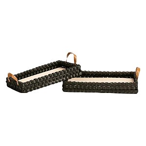 Kit com 2 Bandejas Retangular Madeira Preta Trabalhada 35x25x6CM e 40x30x6CM