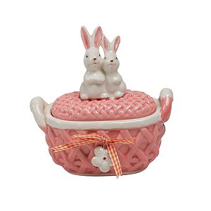 CESTINHA CERAMICA C/TAMPA E COELHO 14X7.5X15CM ROSA
