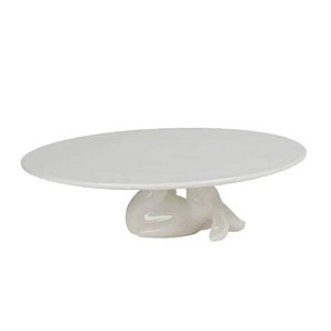 Boleira Cerâmica com Base de Coelho Branco Deitado 25x25x8,5cm