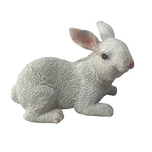 Coelho Resina Vida deitado Branco Enfeite Decorativo 16cm
