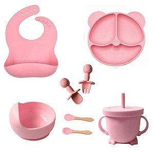 KIT ALIMENTAÇÃO BEBÊ SILICONE C/ 8 PÇS ROSA