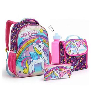 KIT C/4 PCS MOCHILA INFANTIL FEMININA UNICORN MAGIC ROSA