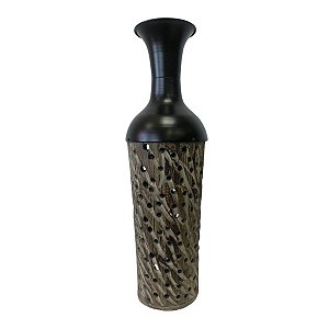 Vaso Decorativo Wood em Madeira e Metal Entalhado Preto e Marrom 52x13x11,5 cm