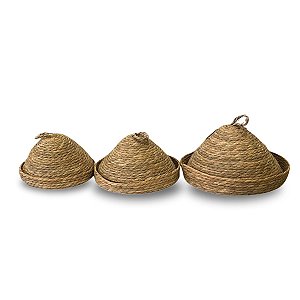 Kit 3 Bandejas com Tampa Fibra Natural 35x30x19 cm