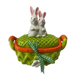 CESTINHA CERAMICA C/TAMPA E COELHO 14X7.5X15CM VERDE