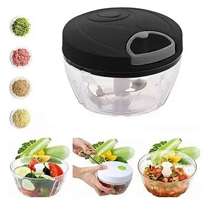 Mini Processador Manual de Alimentos Alho Cebola 2 Lâminas Inox Preto 200 ml