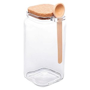 Pote Porta Mantimentos Quadrado de Vidro com Tampa Rolha e Colher de Bambu 1,15 Lyor