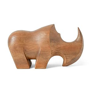 Escultura Rinoceronte em Poliresina Madeira Natural 22 cm