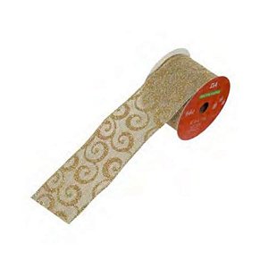 Fita Aramada 6,3 cm x 9,14 m Juta com Glitter Costura Bege e Champagne
