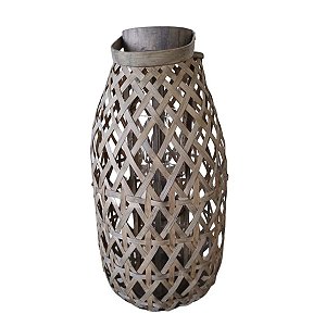 Lanterna Luminária Porta Vela Boho Rattan 53cm Cinza c/Alça