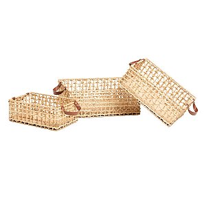 Kit com 3 Cesto Madeira e Fibra Natural 31X20,5X12cm/35,5X25,5X14cm/ 40,5X31X15,5cm