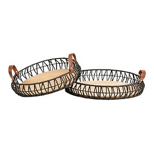 Kit com 2 Bandejas Redonda Fibra Preta com Fundo Madeira e Alça Pu 30X6cm e 35X6,5cm
