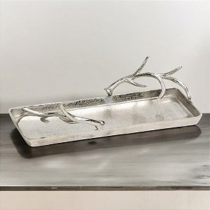 Bandeja Reta Metal Bruto Detalhe Galho 44,5X17cm