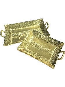 Bandeja Retangular com Alça Metal Indiano Trabalhado 36X21cm