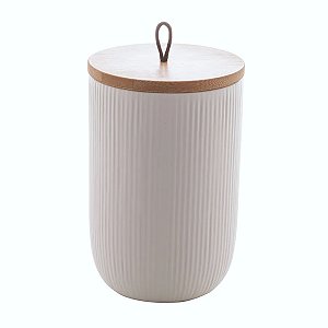 Potiche Decorativo de Cerâmica com Tampa de Bambu com Pegador de Corda Lines Branco 10X10X15cm