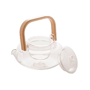 Chaleira de Vidro Borossilicato Resist Calor e Alça Bambu 800ml