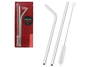 Kit 2 Canudos Aço Inox + Escova Reutilizável - 21,5cm