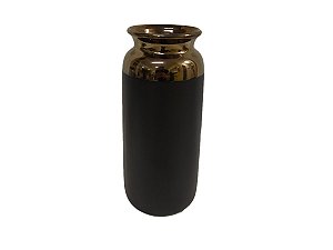 Vaso em Cerâmica Preto com Borda Cobre - 25 X 10,5 X 9,5cm