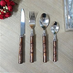 Faqueiro 24 Peças Inox Cabo Acrílico Bambu Marrom Lyor