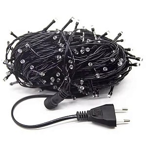 KIT  PCT C/5 CORDÃO PISCA 100LED BIVOLT FIO PRETO 10MTS M/F BRANCO FRIO