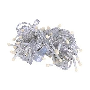 KIT  PCT C/5 CORDÃO PISCA 100LED BIVOLT FIO TRANSP 10MTS M/F BRANCO FRIO