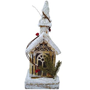 ENFEITE NATALINO CASA NEVADA DE MADEIRA C/ CHAMINE LUZ INTERNA 32X13X9CM