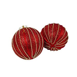 BOLA NATALINA 10CM DECORADA GLITTER VERMELHO/DOURADO C/2un