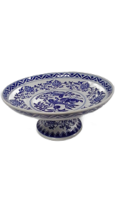 PRATO P/ BOLO CERAMICA ZUL E BRANCO 32X14.5CM