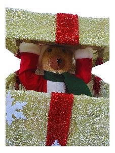 ENFEITE DE NATAL CAIXA PRESENTE URSO C/SOM DOURADO 65CM